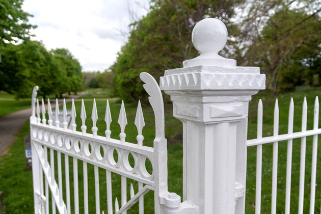 White iron gates at Great Linford Manor Park