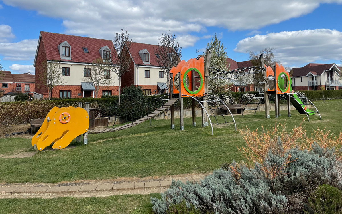Dinosaur-shaped play equipment at Prehistoric Park, Broughton Brook.