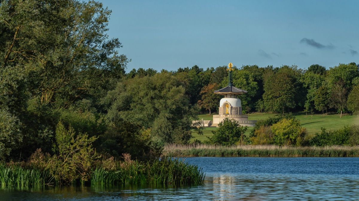 A view of the peace pagoda, on a sunny day, from across the other side of the lake