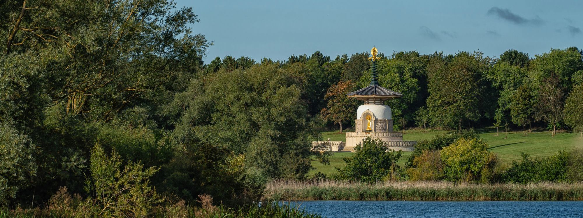 A view of the peace pagoda, on a sunny day, from across the other side of the lake