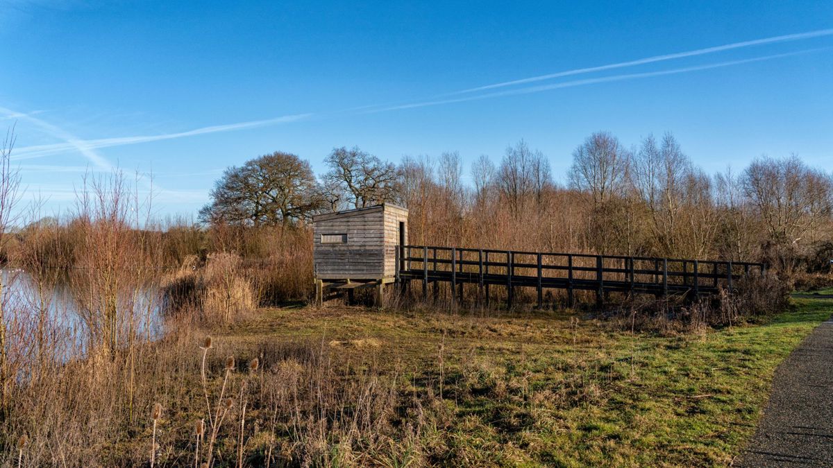 Bird hide with board walk at nature reserve with blue sky