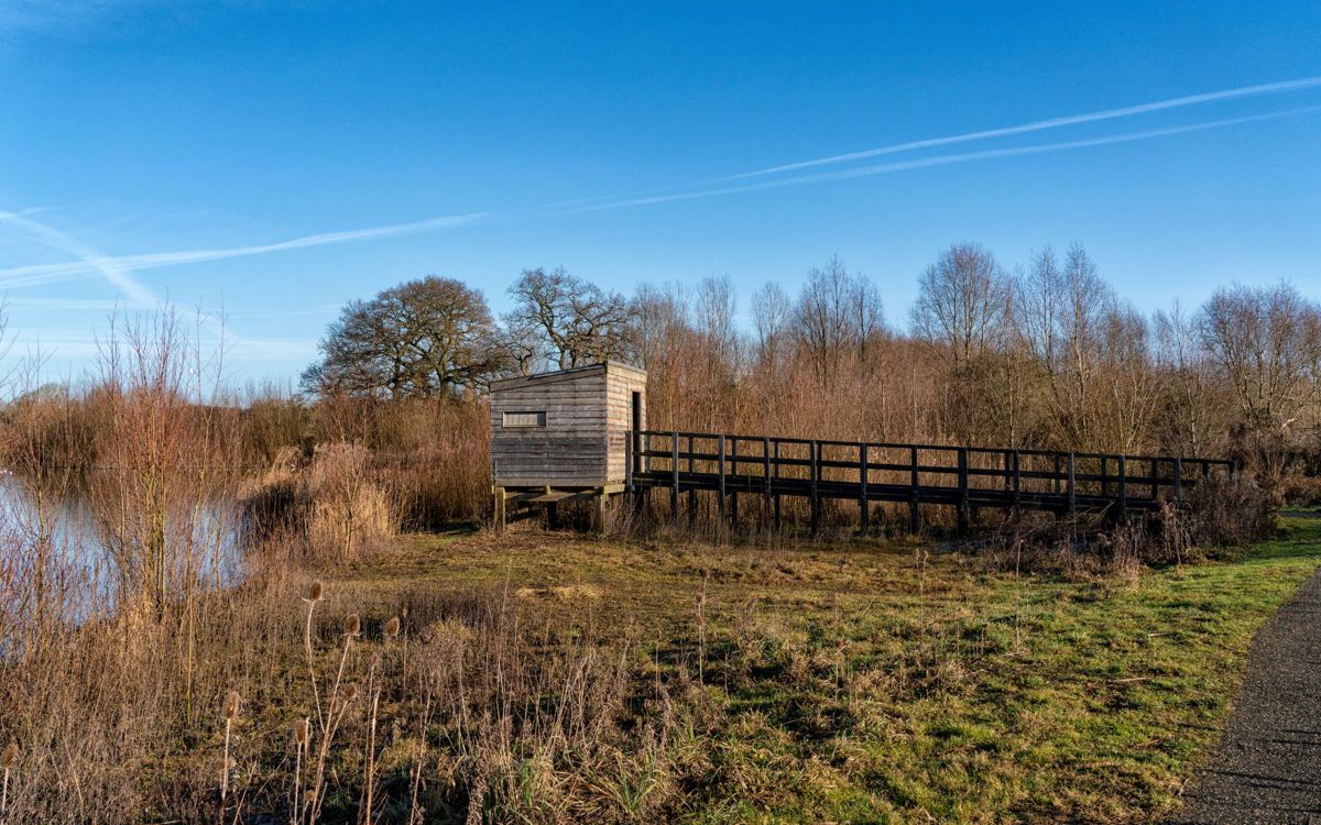 Bird hide with board walk at nature reserve with blue sky