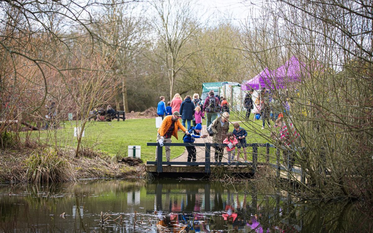 People stood next to Howe Park Wood pond
