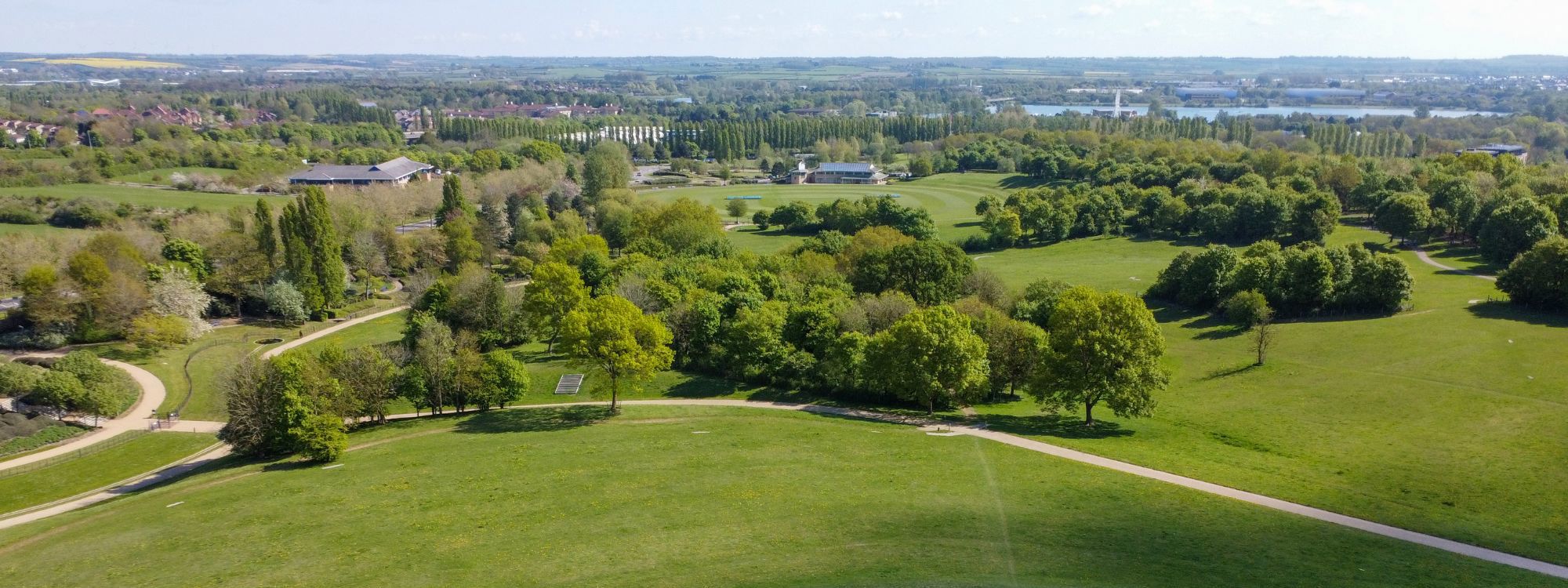 Drone view of Campbell Park with Light Pyramid and Campbell Park pavilion in the distance