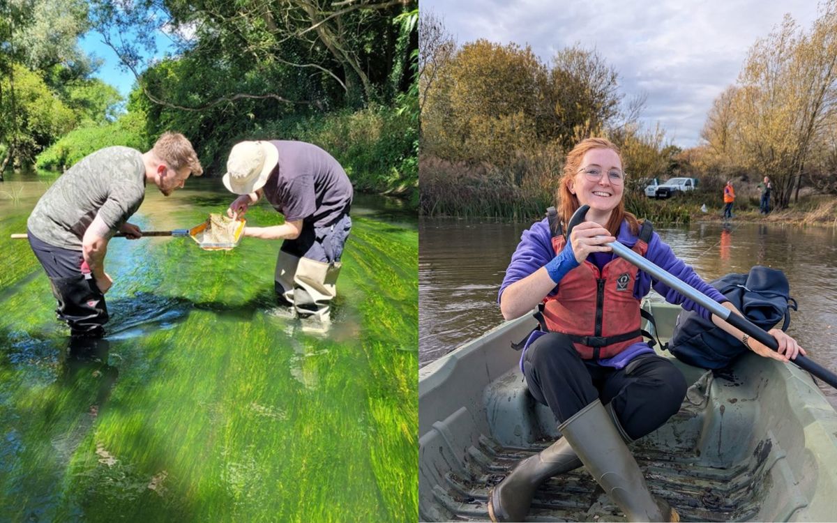 Sam in river doing survey and Roisin rowing boat