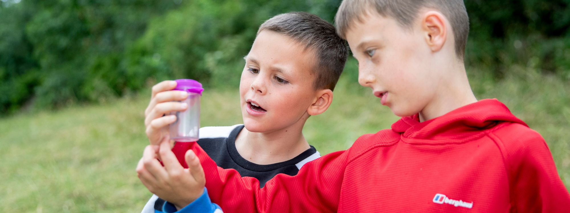 Two young boys stare inquisitively into a small plastic container which has a small insect inside. They are stood outside in a field with tall trees in the background.