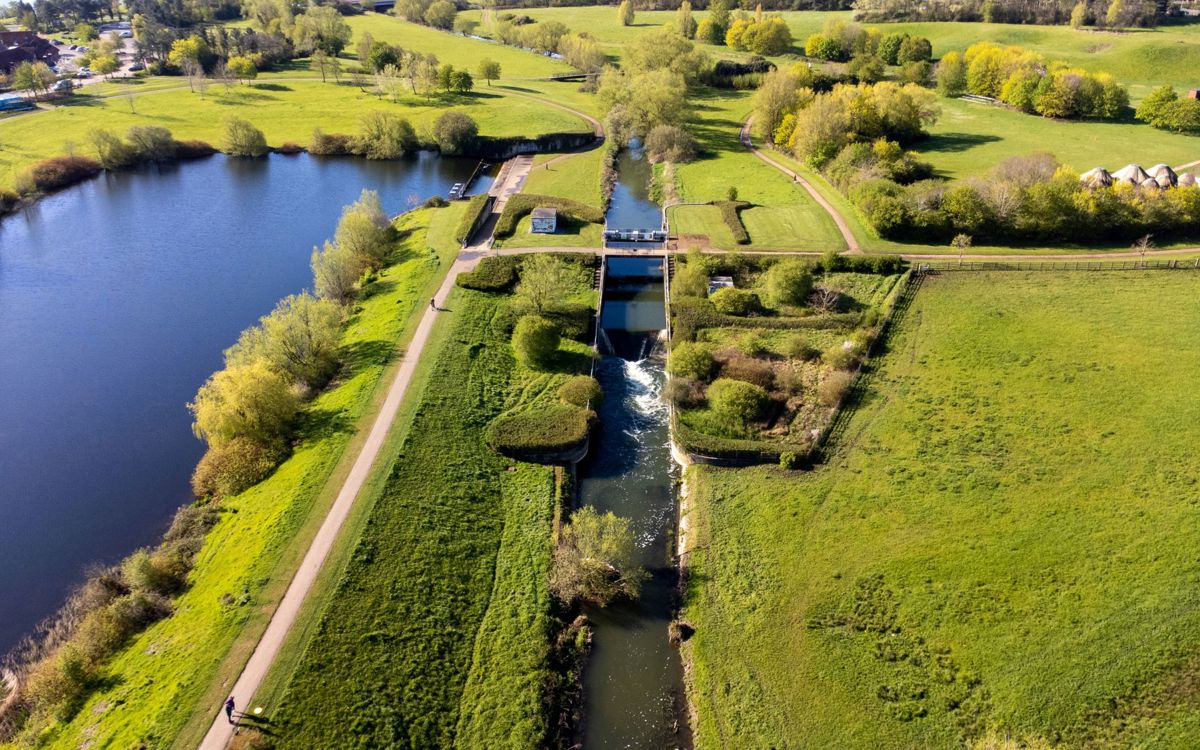 Birds eye view of weir at Caldecotte Lake in Milton Keynes