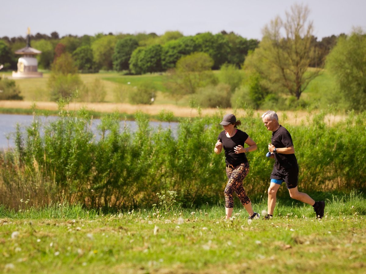 A pair of runners in green parkland with Willen Lake and the Peace Pagoda in the background