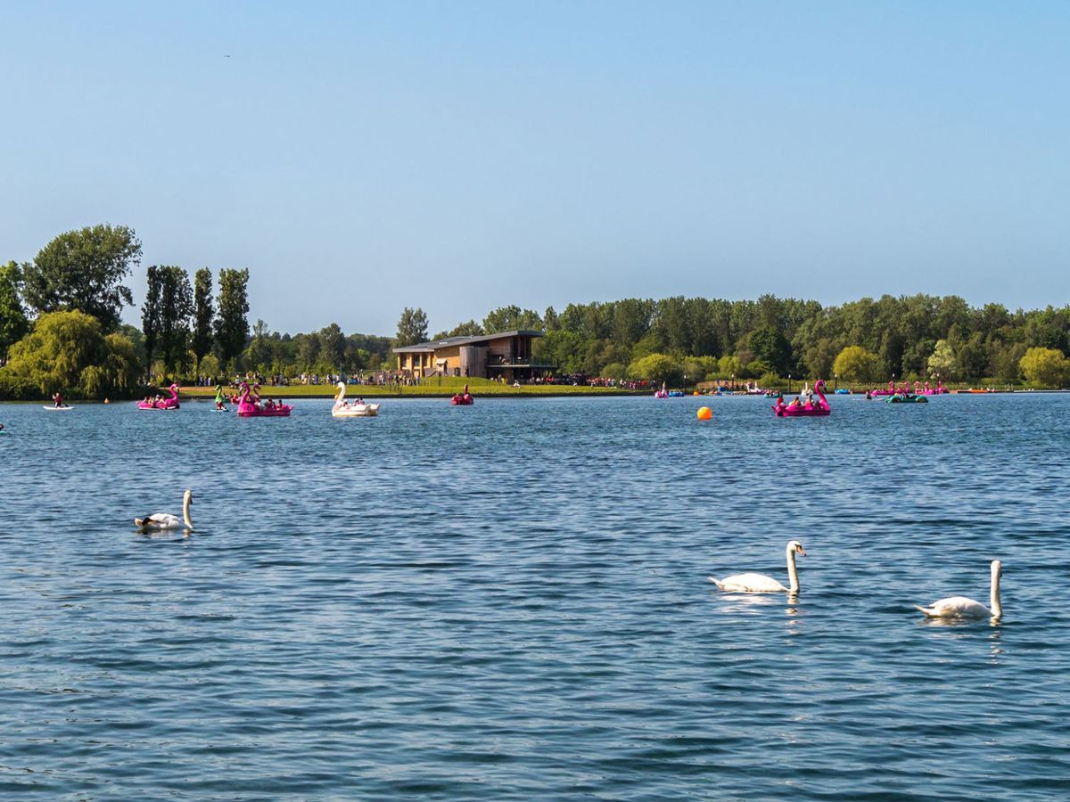 Willen Lake with watersports centre, birds and pedalos