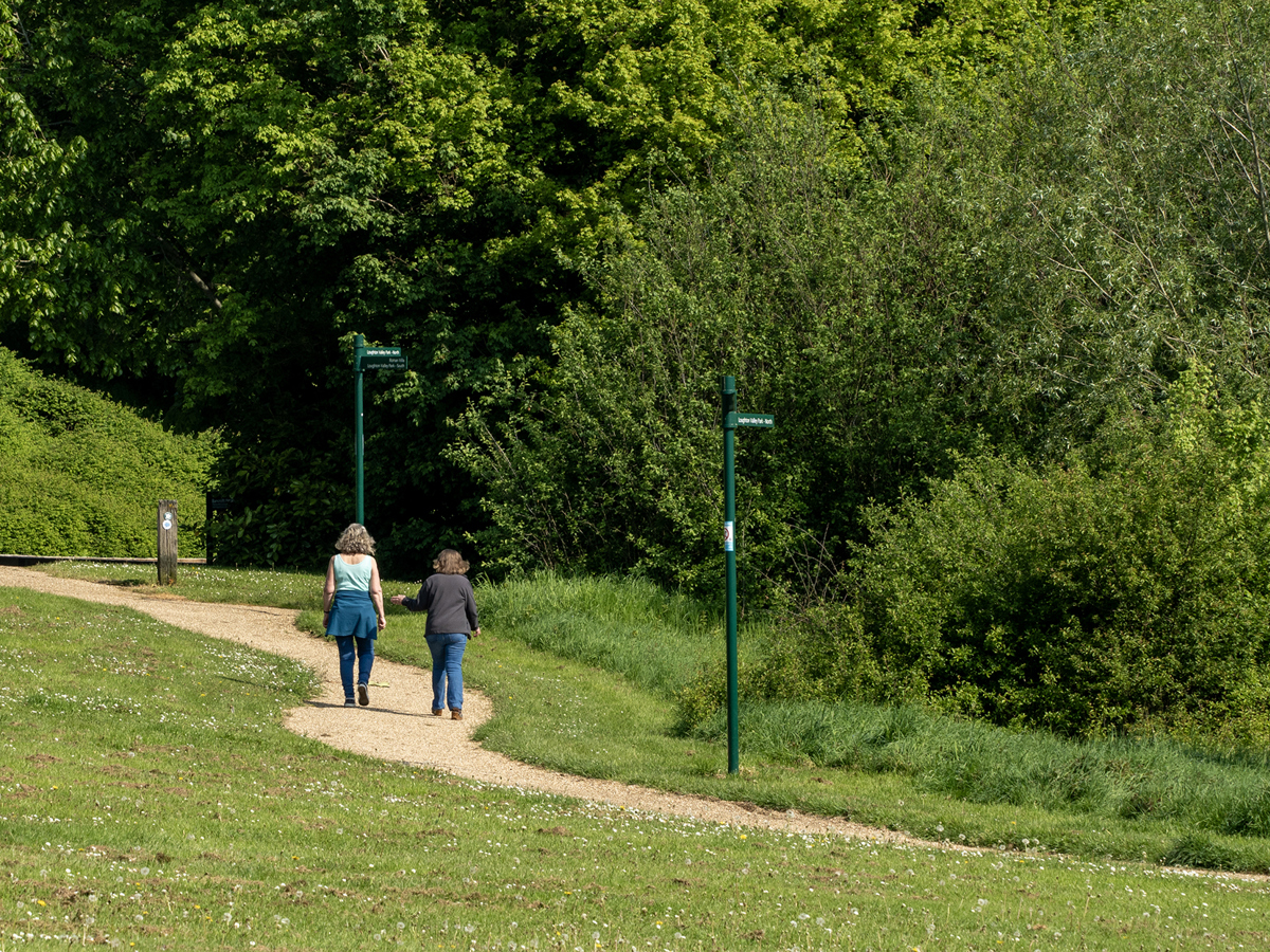 Two people walking along pathway in the park