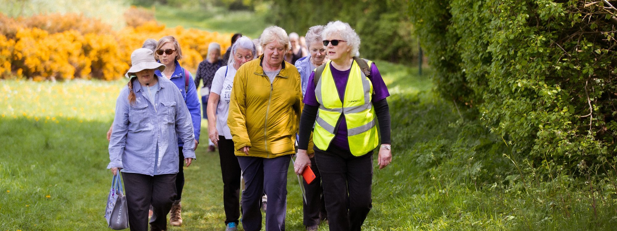 A group of women walking through parkland