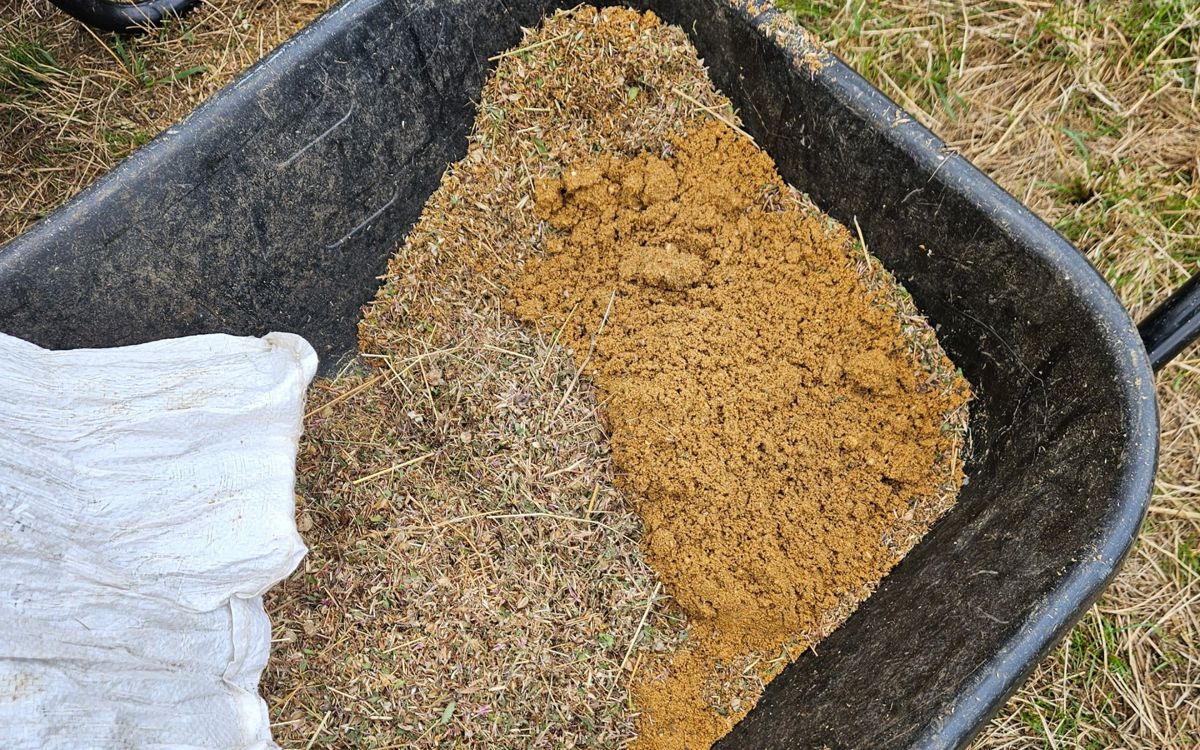 Bags of seed with wheelbarrows with sand