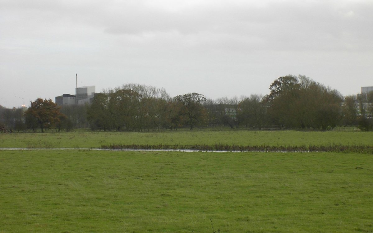 A wet field with industrial buildings in the background