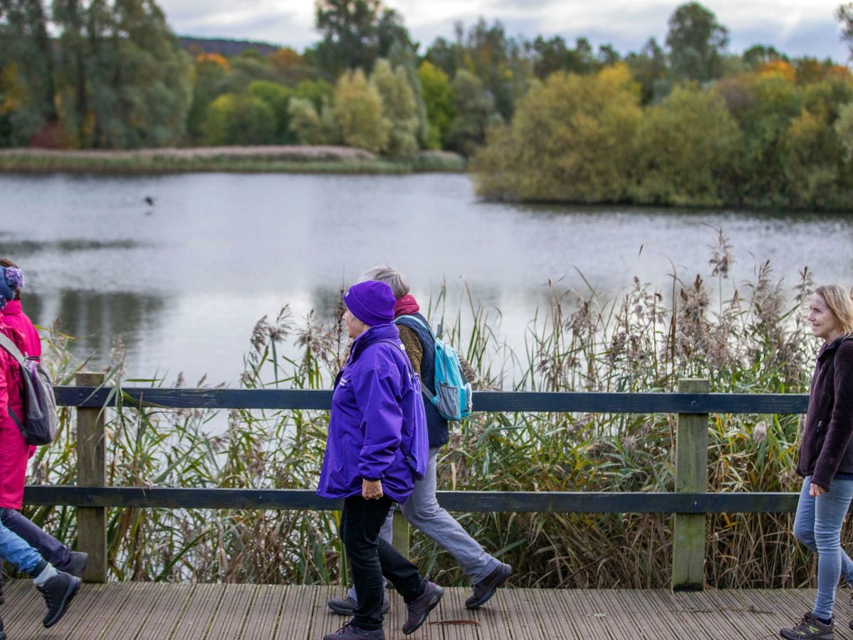 Women walking past Caldecotte Lake in Milton Keynes