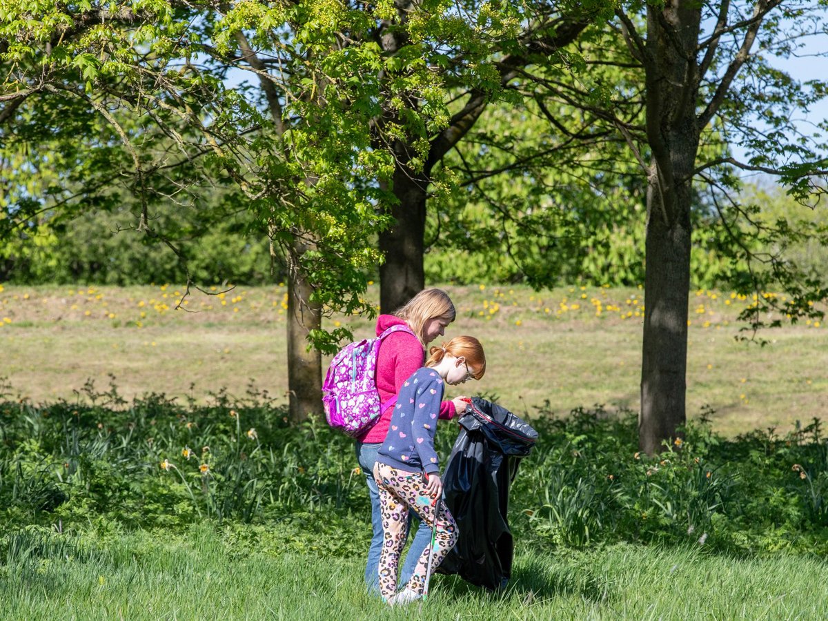 Youngsters litter picking in a parkland scene