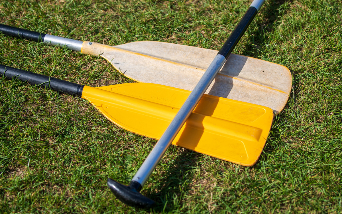 Yellow paddles on a grass background.