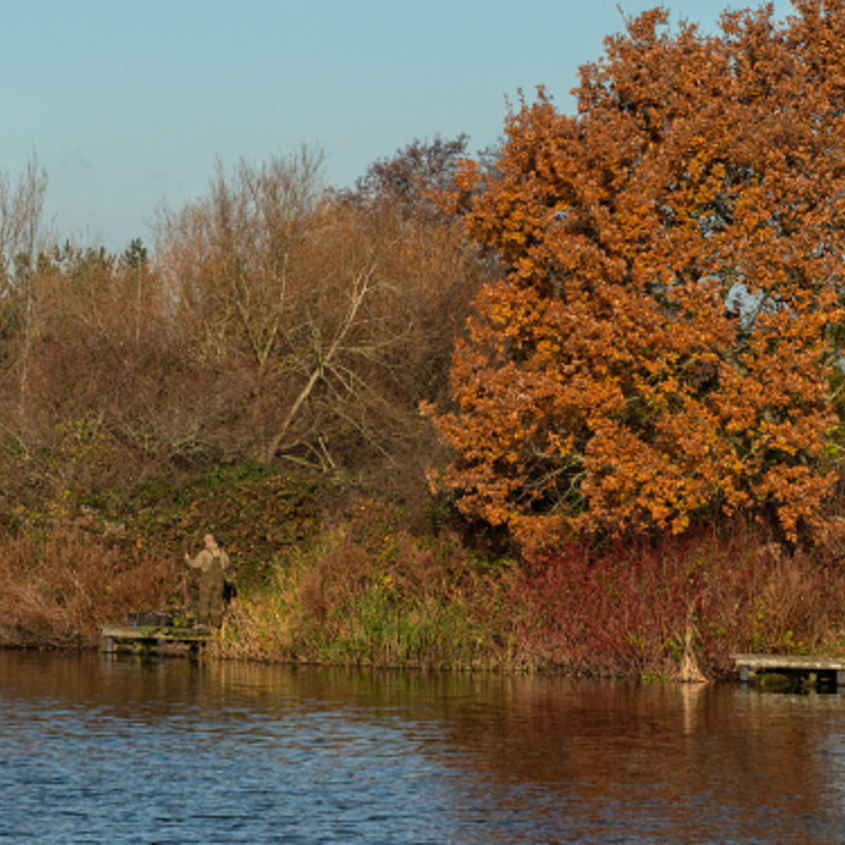 Autumn trees and fisherman, Lodge Lake