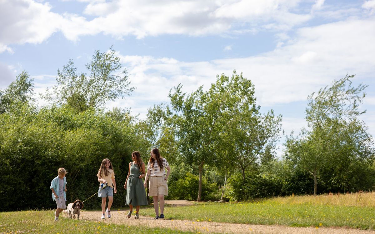 Adults and children walking through park with dog