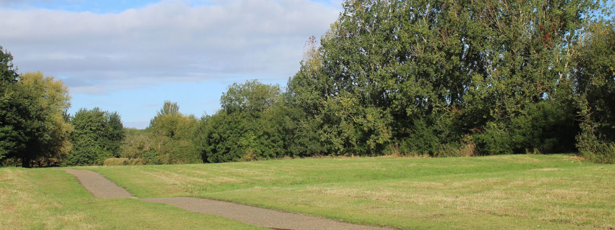 Grass area with path and woodland on right that surrounds the medieval fish ponds
