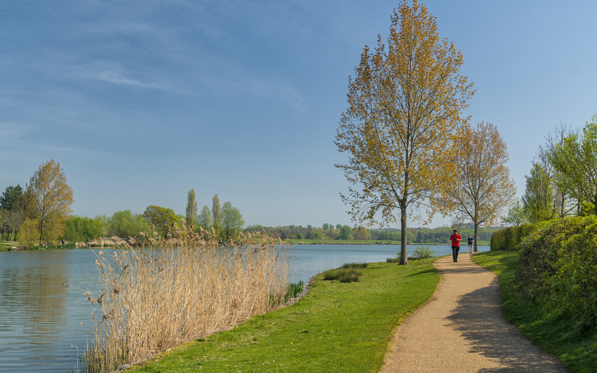 Person running along lakeside footpath, Furzton Lake.