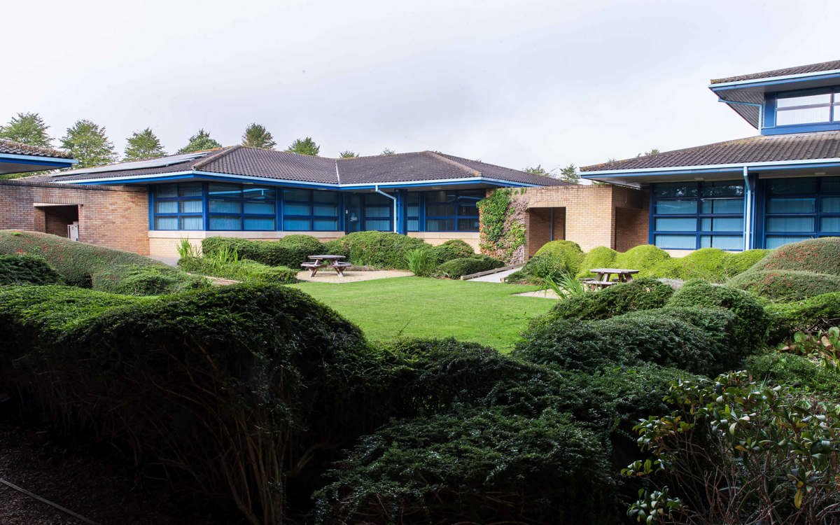 A landscaped courtyard garden for office workers, with lawns and picnic benches