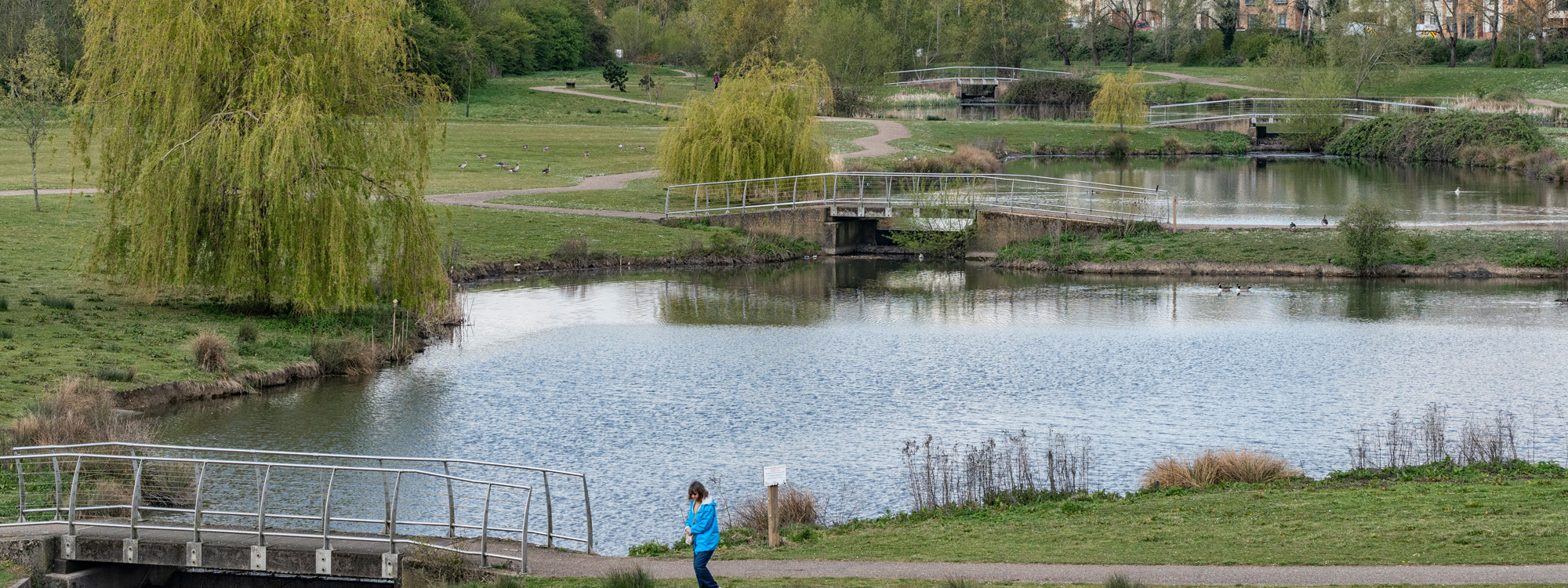 Ashland Lakes with footbridge in foreground.