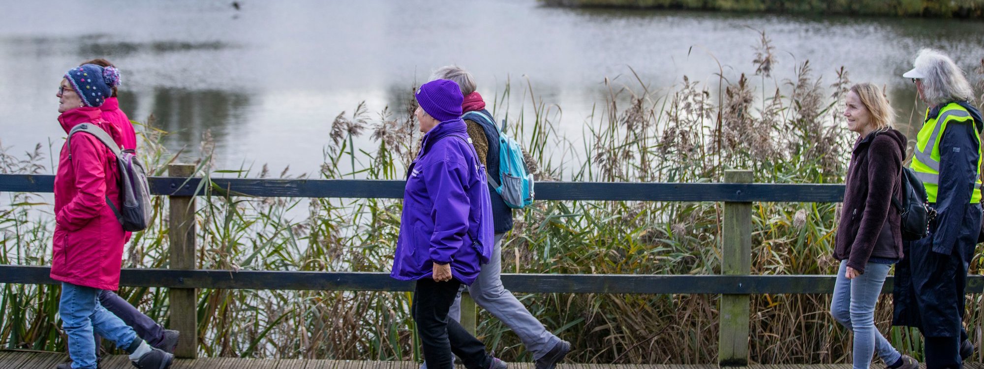 A group of women walking in a parkland scene with a lake in the background. 