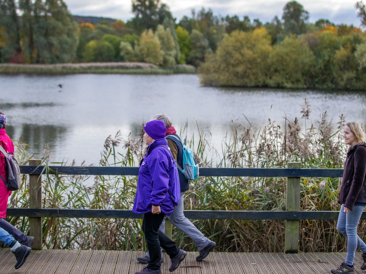 A group of women walking in a parkland scene with a lake in the background. 