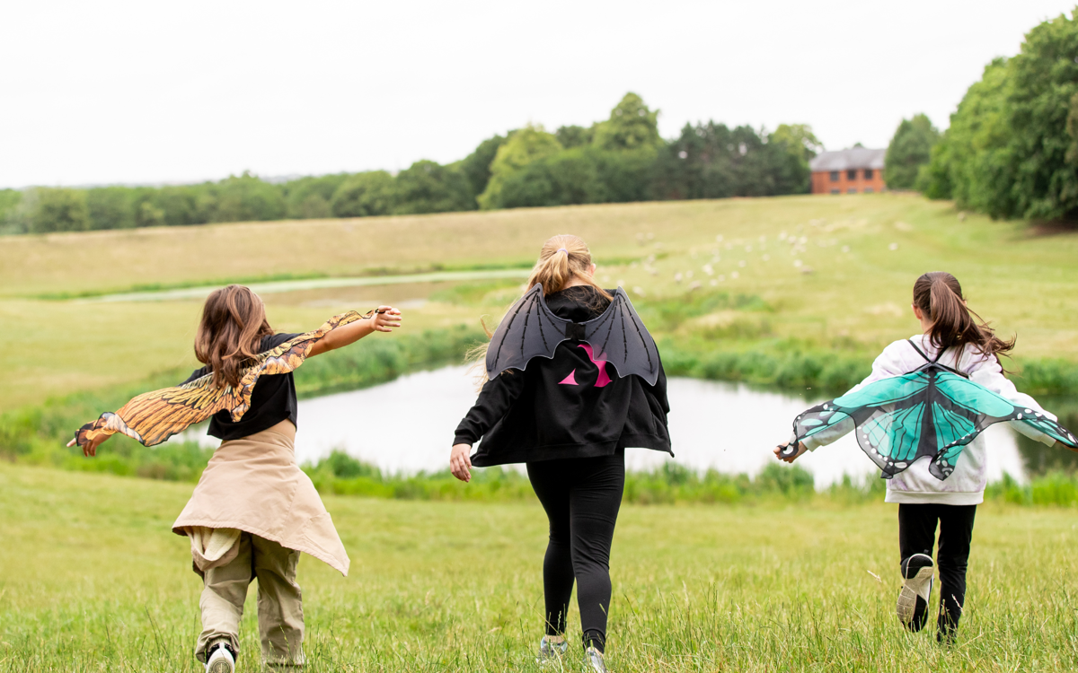 An image from behind of three girls running down a grassy hillside with a lake in the background. The girl on the left is wearing orange fabric bird wings, the middle girl is wearing fabric bat wings, and the girl on the right is wearing fabric green butterfly wings. 