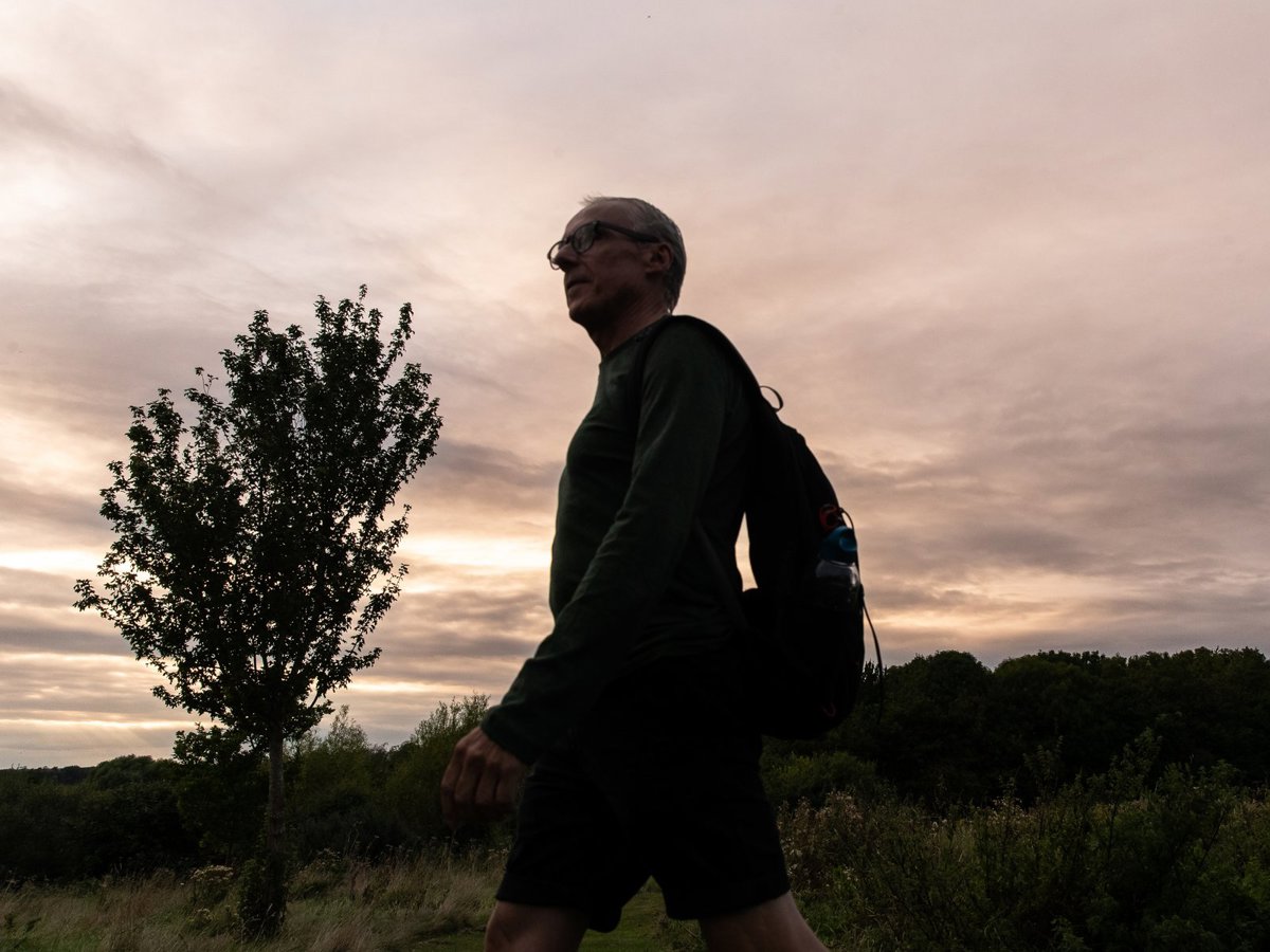 A person walking at dusk
