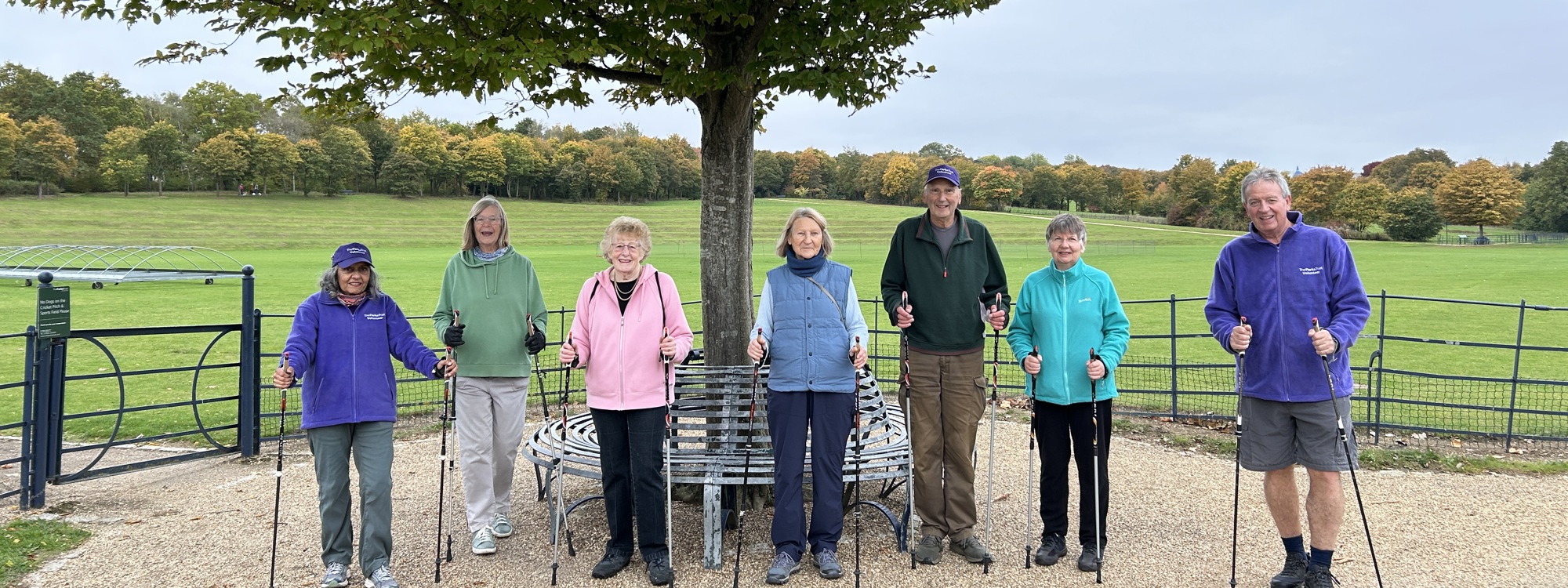 Group of people walking with poles in green parkland