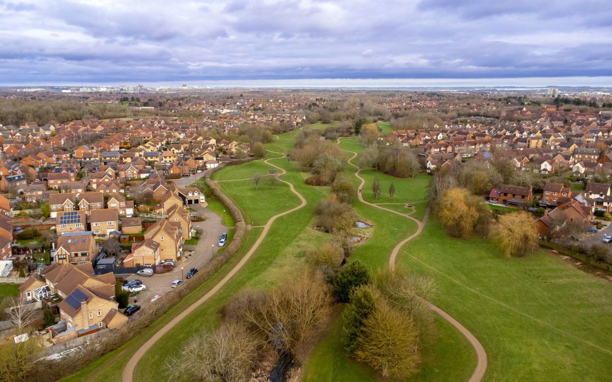 Drone view across Tattenhoe Valley Park in Milton Keynes