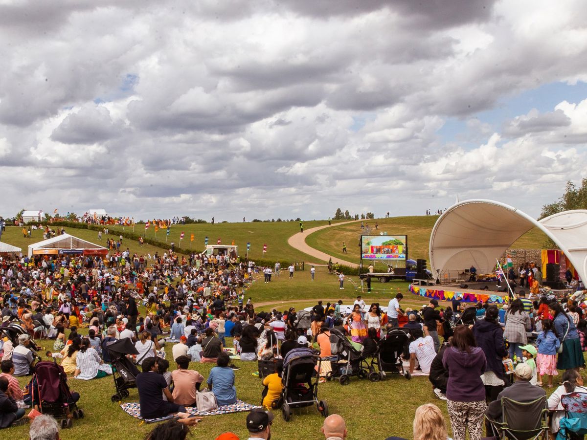 Crowd around the stage in Campbell Park in Milton Keynes