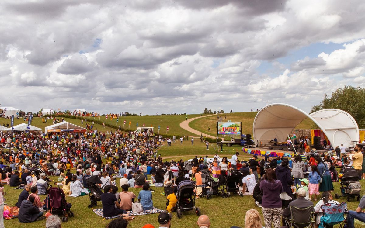 Crowd around the stage in Campbell Park in Milton Keynes