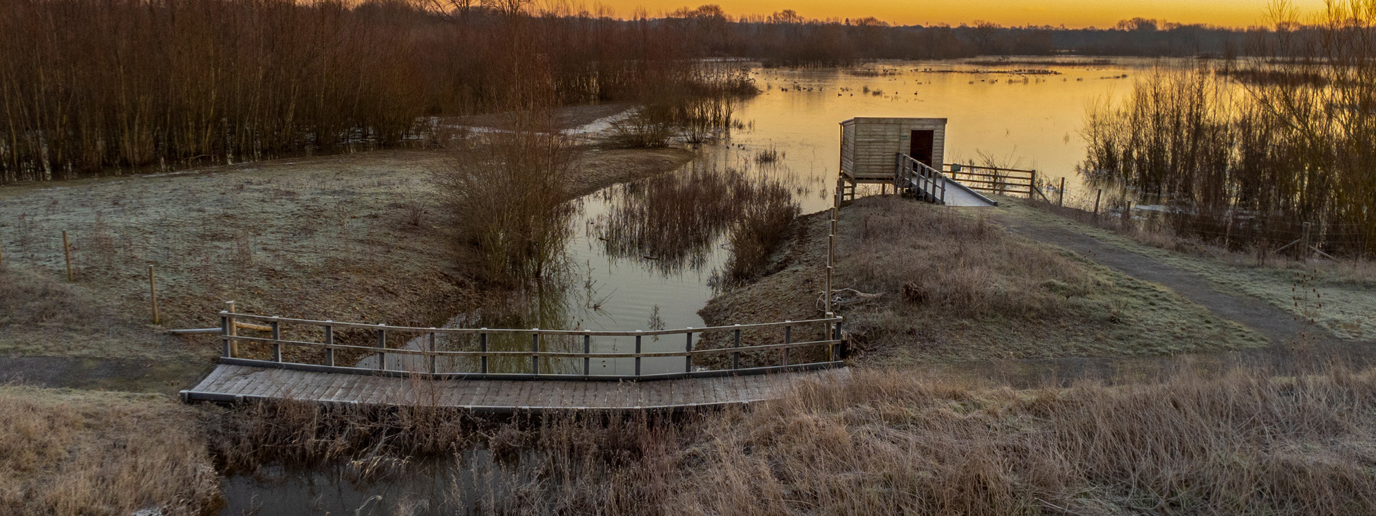 Sunrise over a lake with a bird hide at Floodplain Forest Nature Reserve.