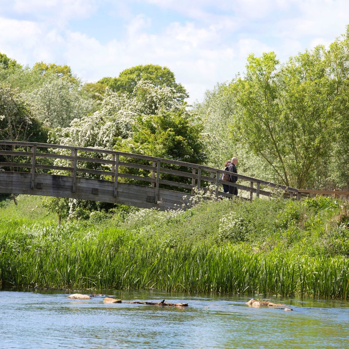People crossing wooden bridge across river