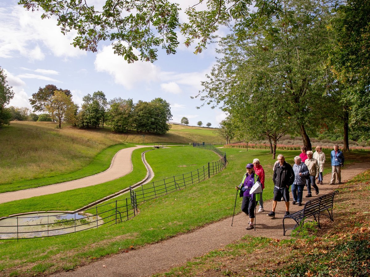 Group of people walking down path in Campbell Park with autumn leaves on the ground