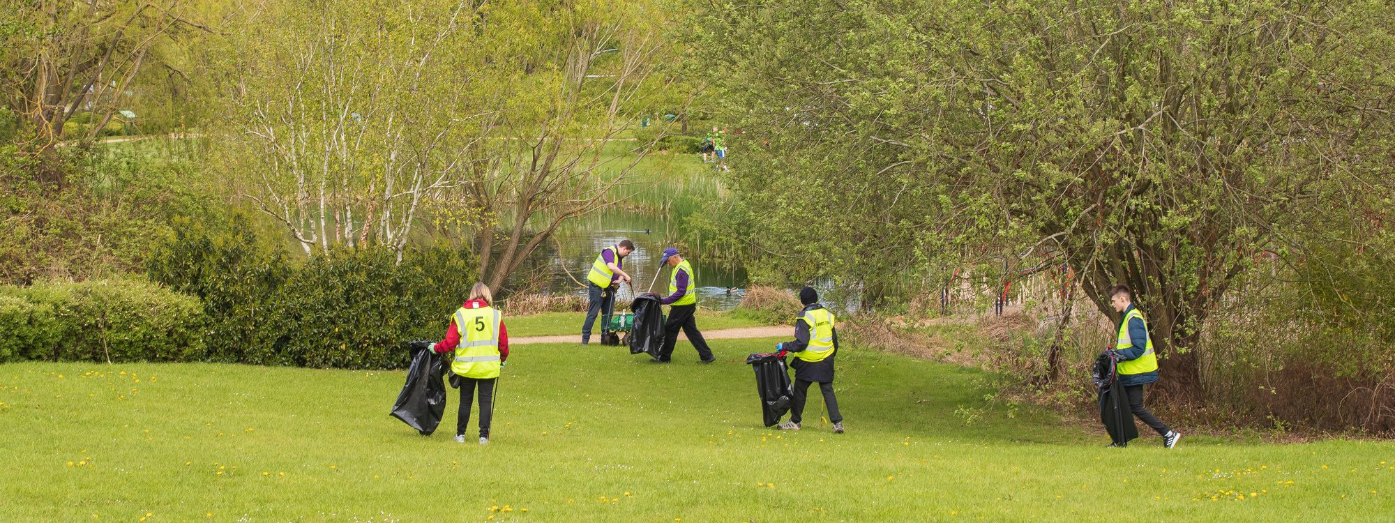A group of hivis wearing litter pickers in a parkland scene