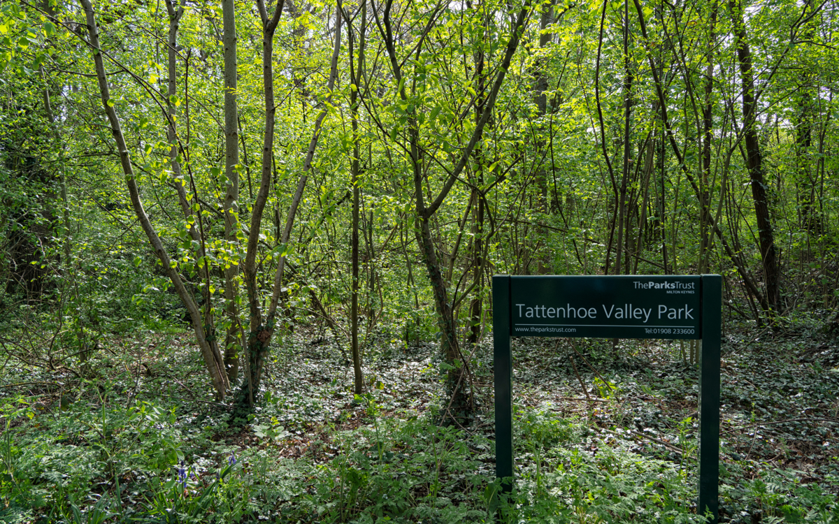 Image of trees and sign at Water Spinney in Tattenhoe Valley Park