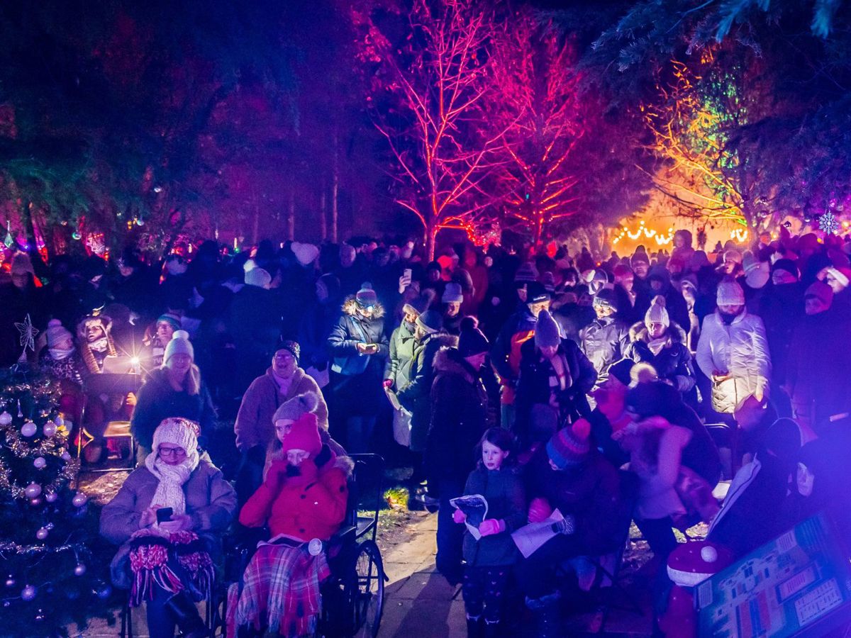 members of the public gathered at the colourful Tree Cathedral singing the Carols 