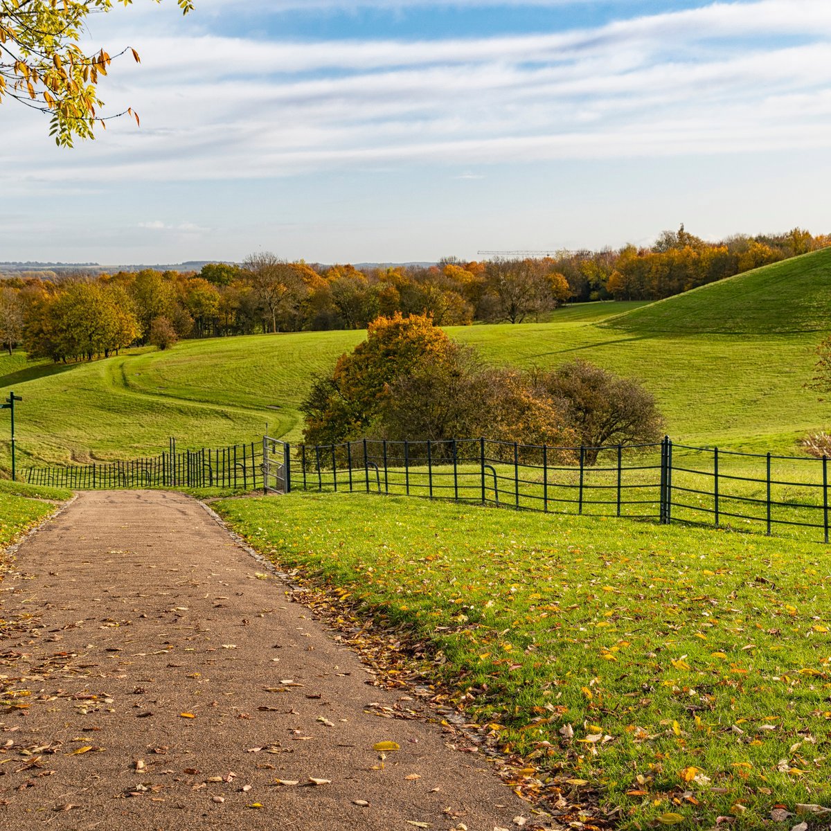 Campbell Park path with autumn leaves and light pyramid art sculpture in distance