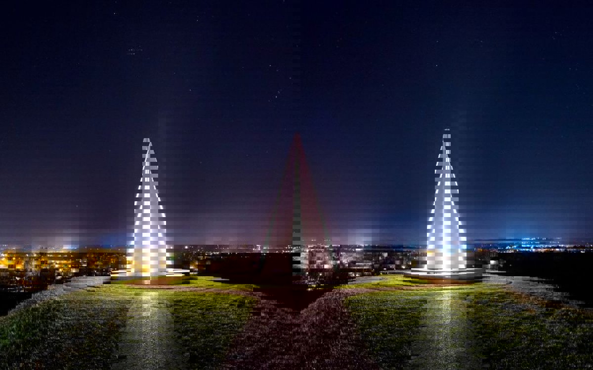 Photo of Light Pyramid lit up at night