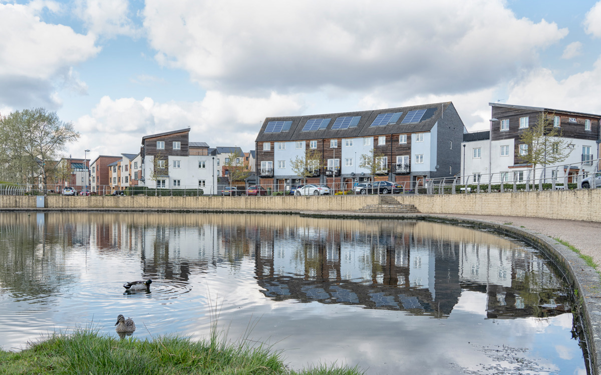 Houses behind ornamental pond at Ashland Lakes.