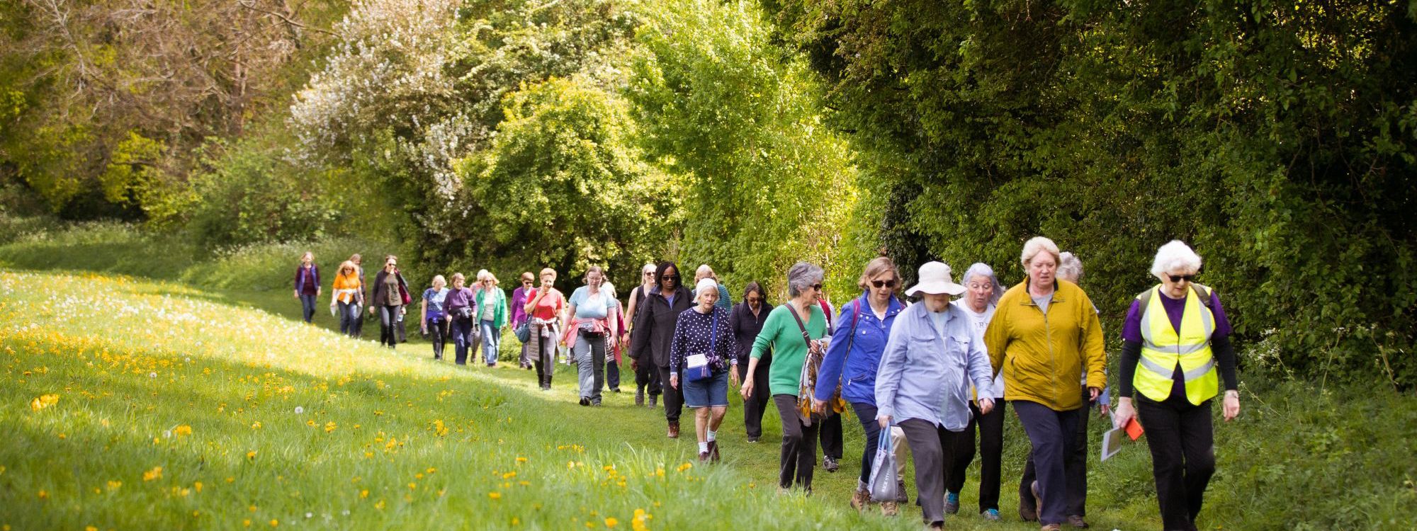 Women walking along path in summer