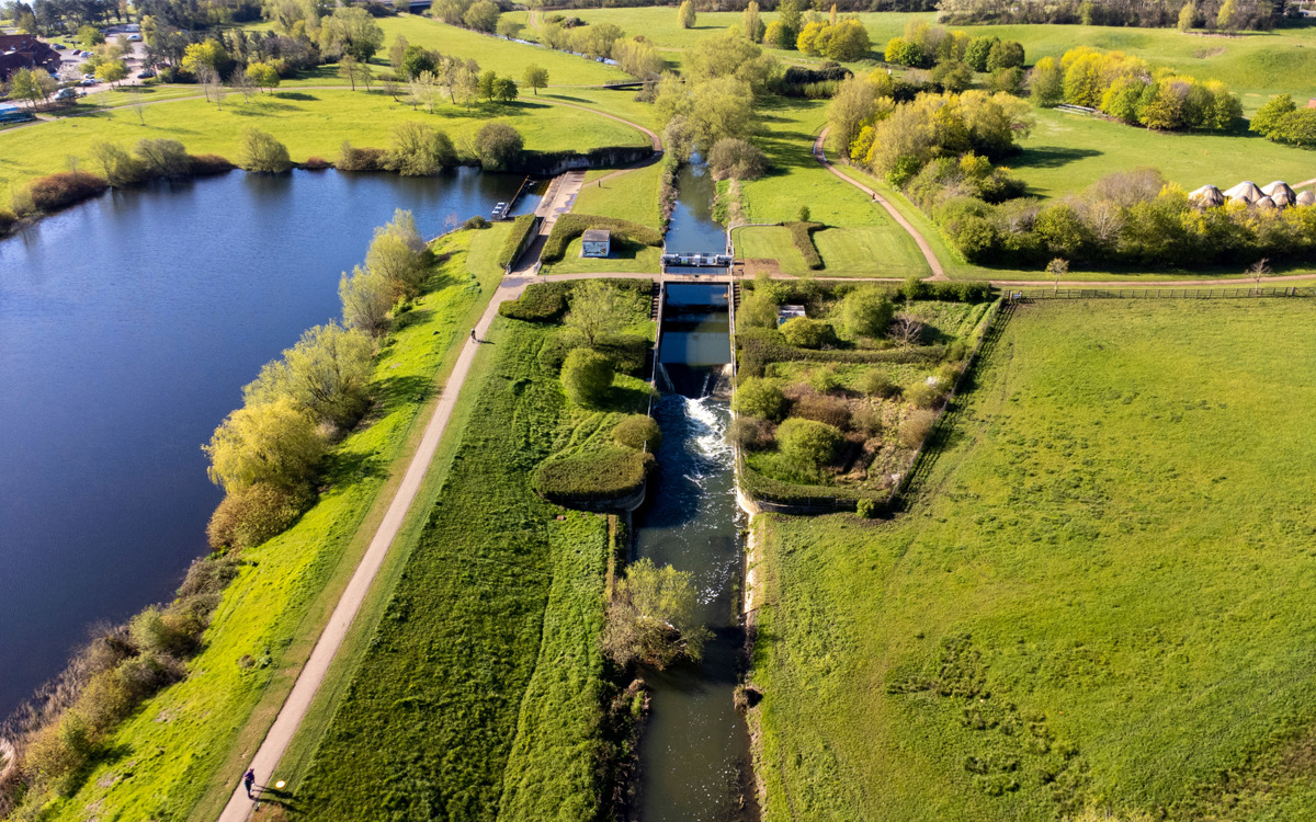 Drone photo of Caldecotte Lake and flood defences.