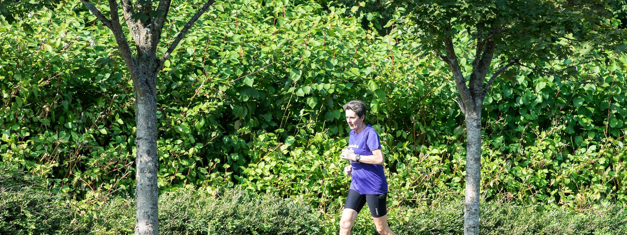 A solo female runner in between two trees in green springtime parkland 