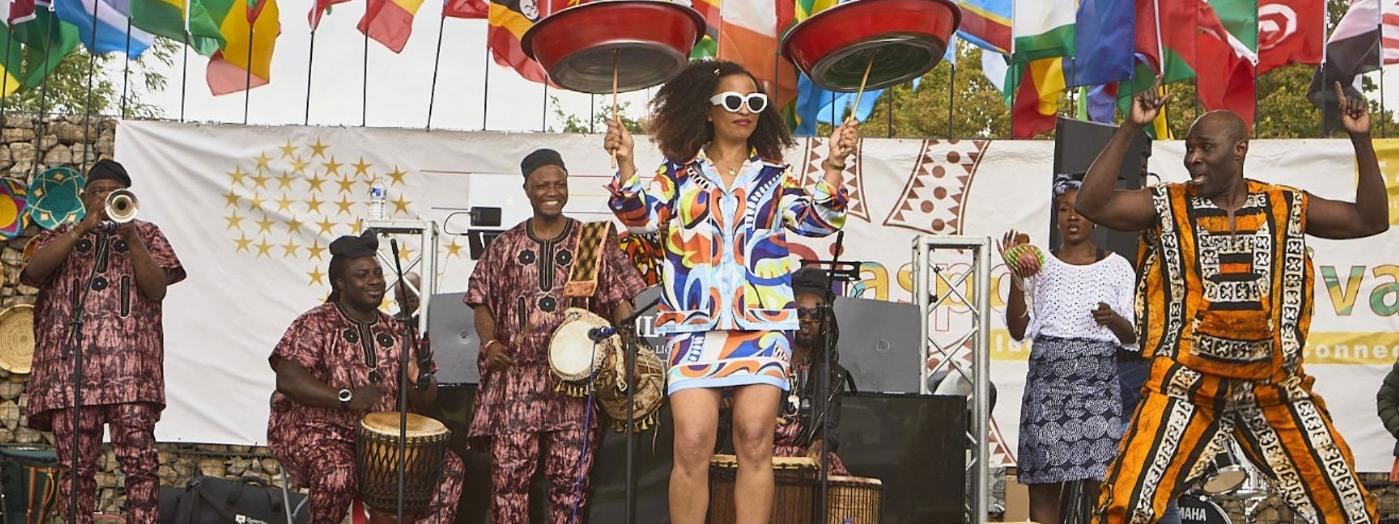 Performers and musicians on the stage at Africa Diaspora festival