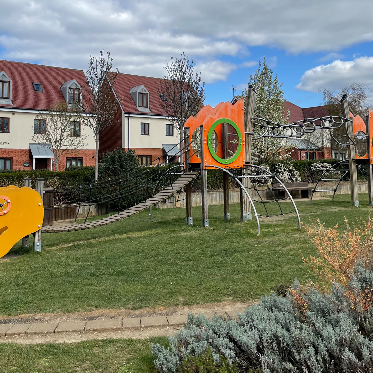 Dinosaur-shaped play equipment at Prehistoric Park, Broughton Brook.