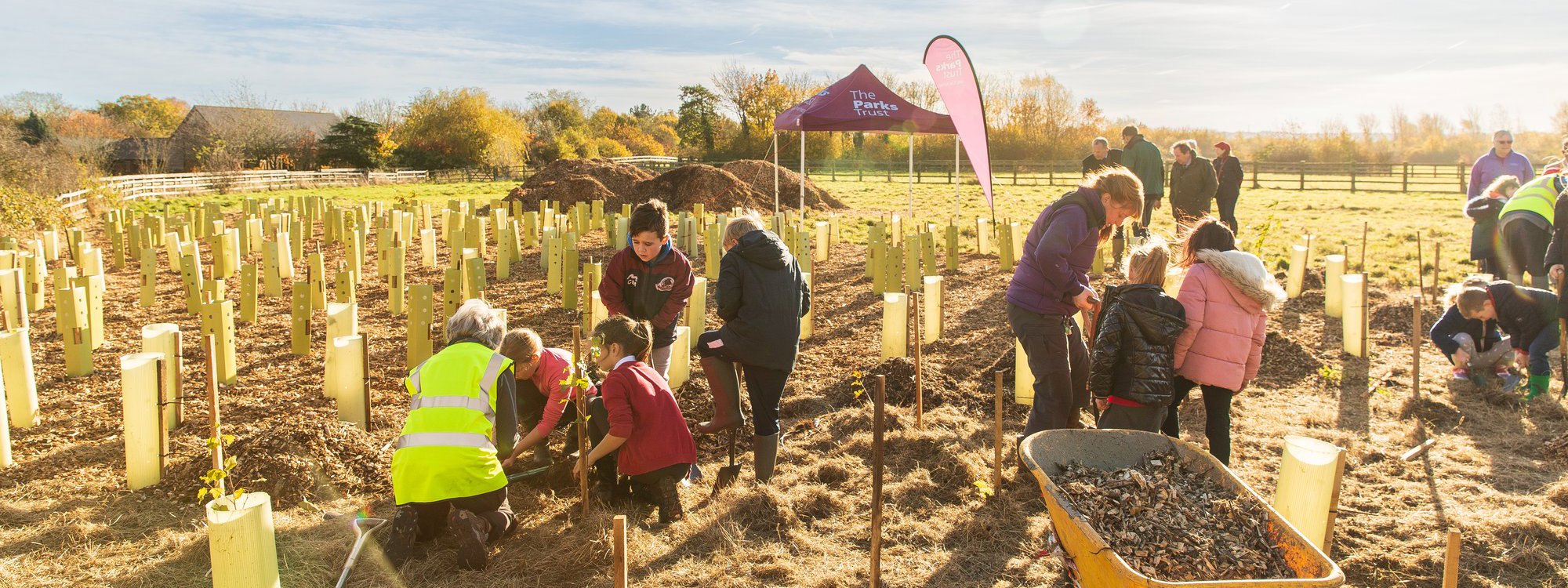 School children planting trees with the help of adults in park
