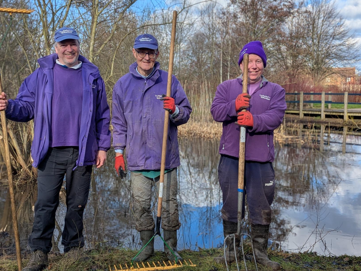 Three Parks Trust volunteers in purple uniform holding shovels